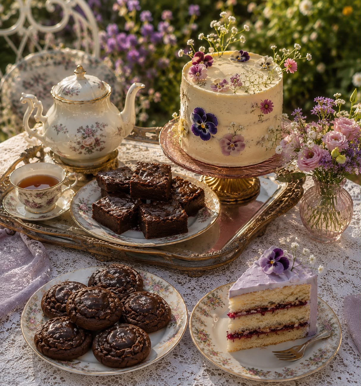 Elegant tea party arranged by Farah with cake, cookies, brownies, flowers and vintage china